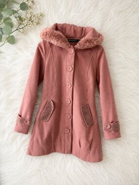 RebaYulin Dusty Rose Pink Faux Fur Hood Rhinestone Embellished Coat Size M
